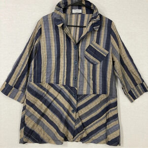Terra Blue Tan Striped Lagenlook Artsy Button Down Size Medium